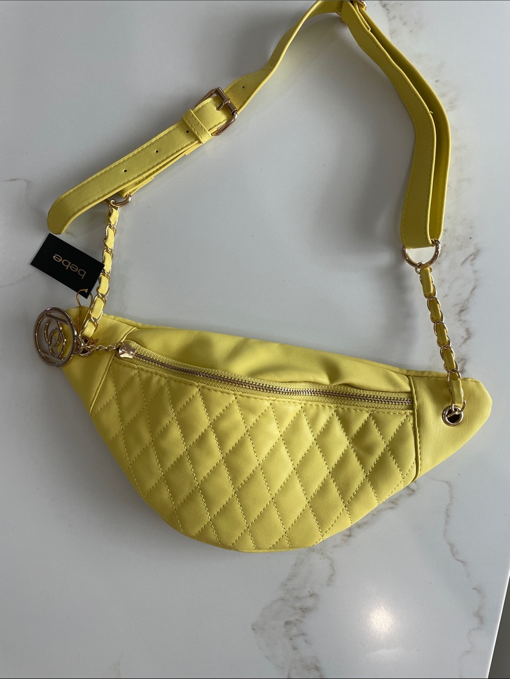 bebe Yellow Quilted Crossbody Belt Bag with Gold Hardware